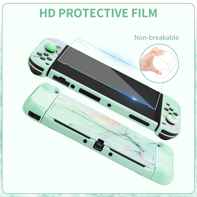 F'DIARY Carrying Case for Nintendo Switch OLED, Shockproof Hard Shell Portable Travel Bag for Accessories Kit with PC Protective Cover, Screen Protector, Shoulder Strap & 2 Thumb Grips, Green Marble - Image 5